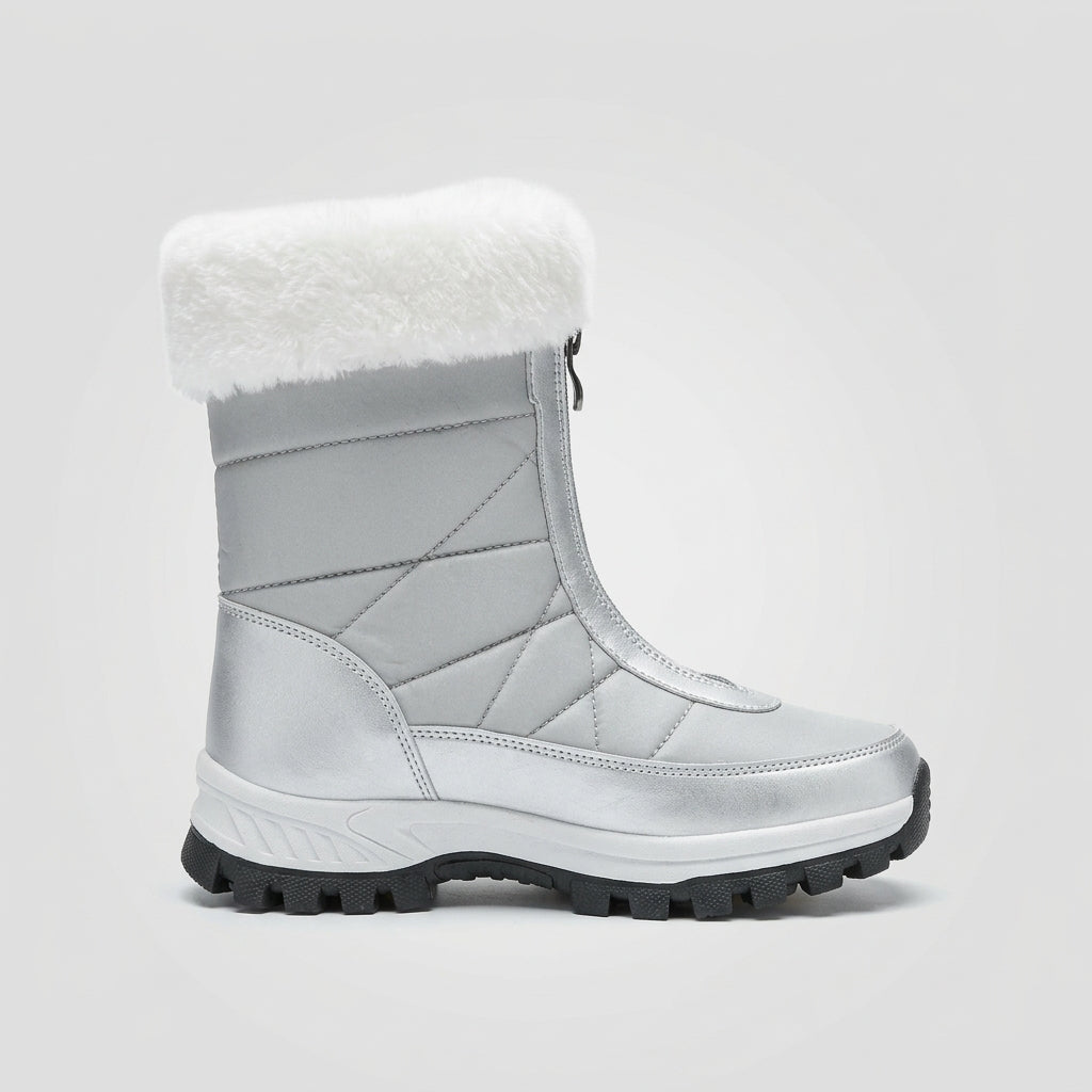 Women's Boots Quilted Faux Fur Trim Front Zip Mid-Calf Winter