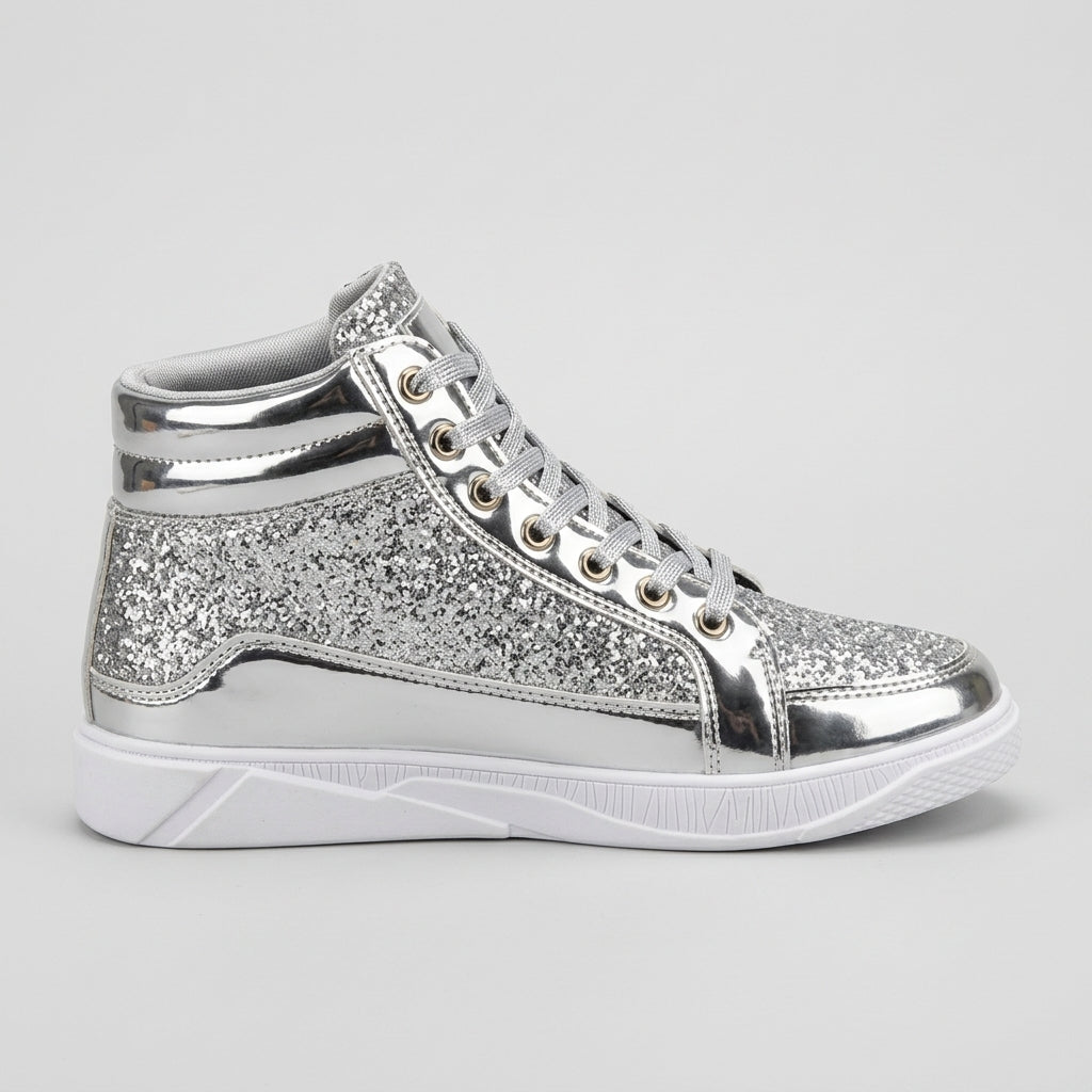 Men's High-Top Sneakers Glitter Metallic Lace-Up White Sole