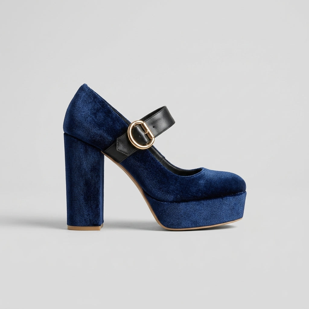 Women's Mary Jane Heels Platform Block Heel Round Toe Velvet
