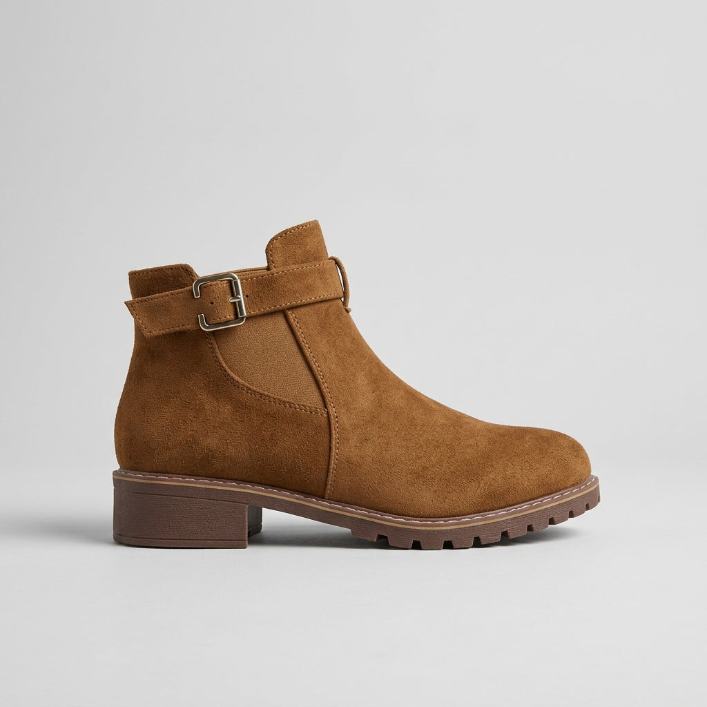 Women's Ankle Boots Chelsea Buckle Strap Suede Block Heel