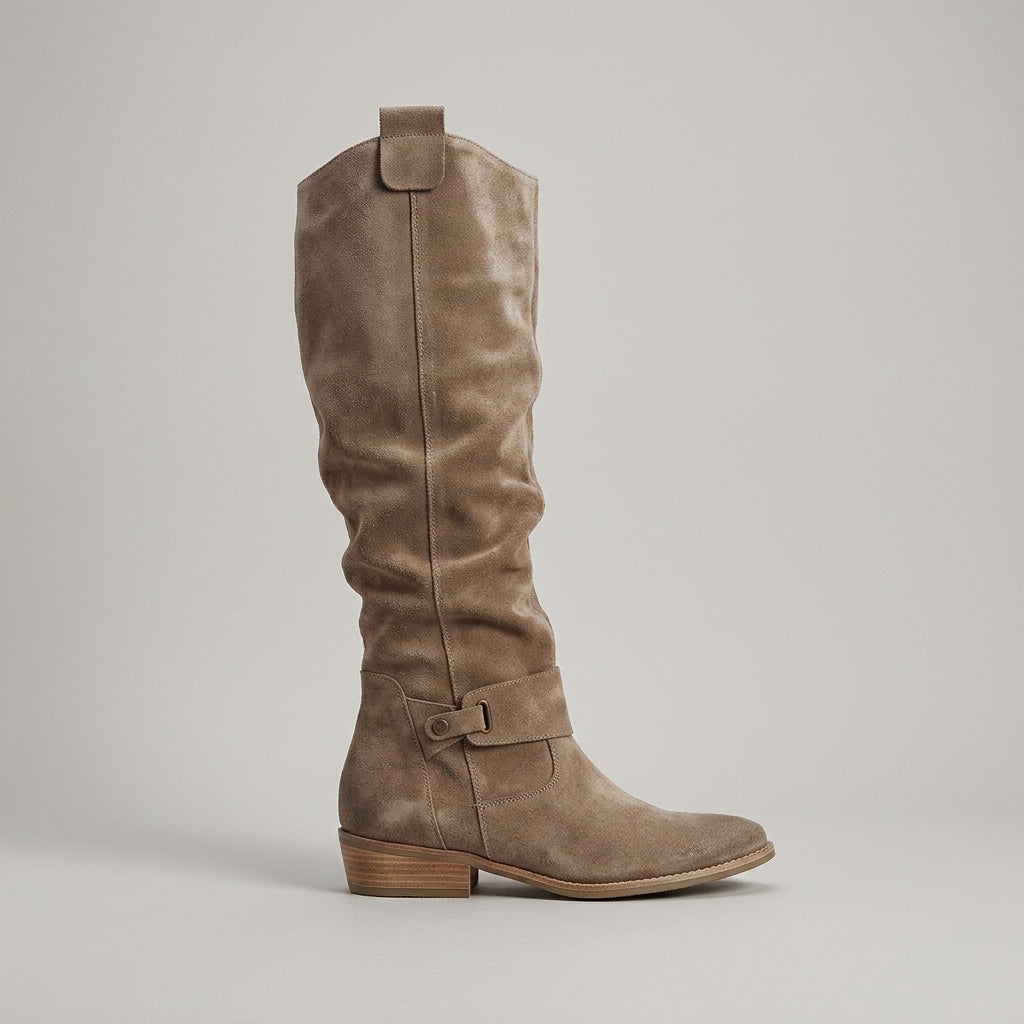 Women's Knee High Boots - Slouchy Shaft - Low Block Heel