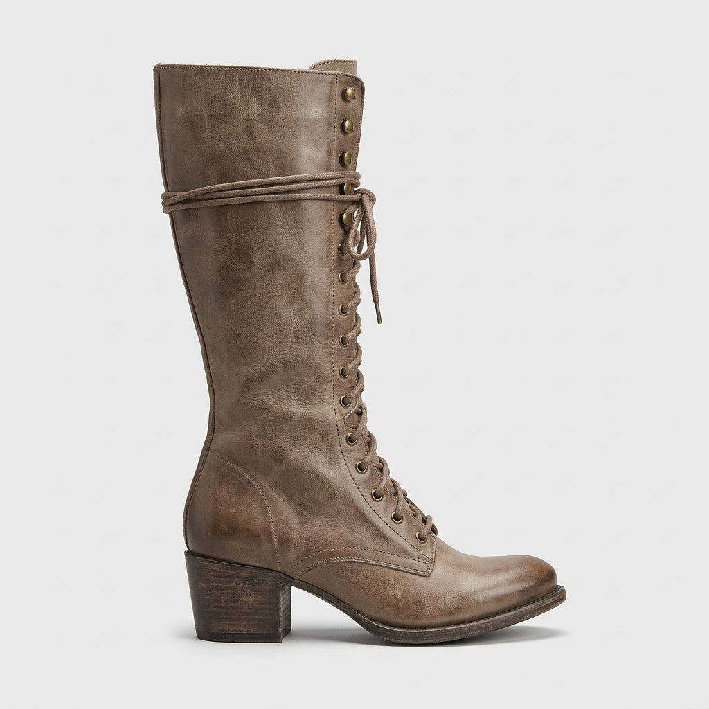 Women's Knee High Boots - Lace-Up - Block Heel - Round Toe
