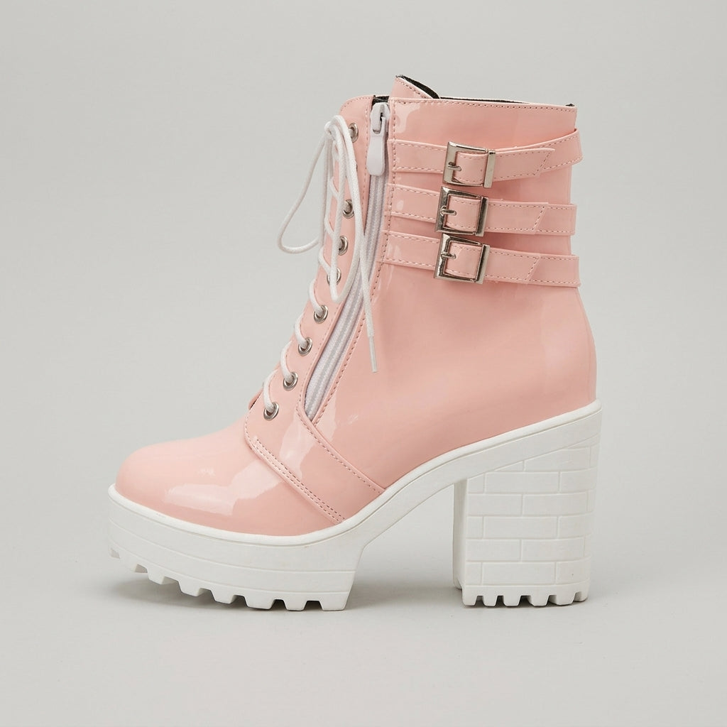 Women's Platform Lace-Up Boots with Triple Buckle Straps