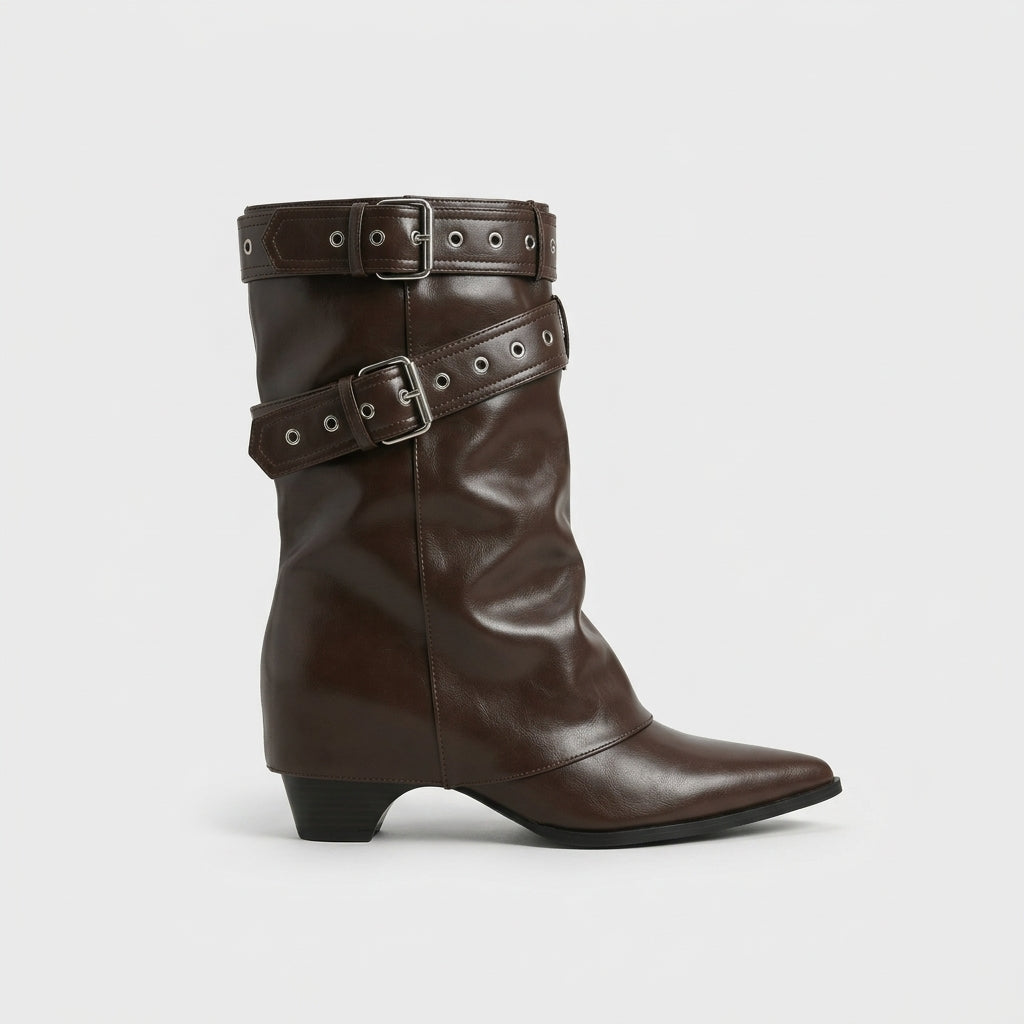 Women's Boots Pointed Toe Mid-Calf Double Buckle Straps Low Block Heel