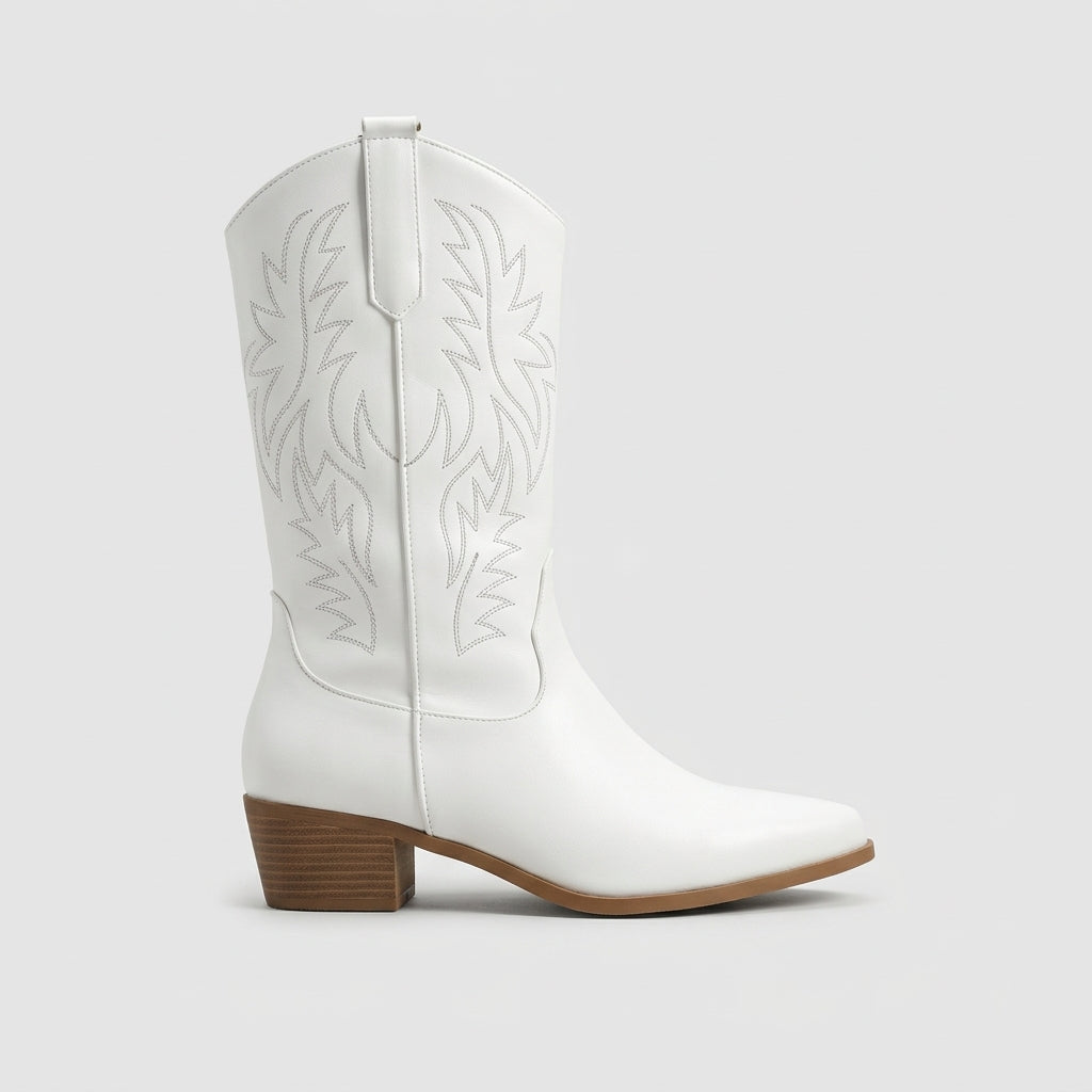 Women's Mid-Calf Western Boots - Pointed Toe - Block Heel - Embroidered