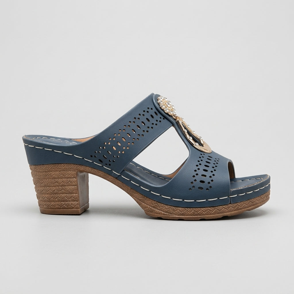 Women's Open Toe Slide Sandals with Rhinestone Buckle Accent