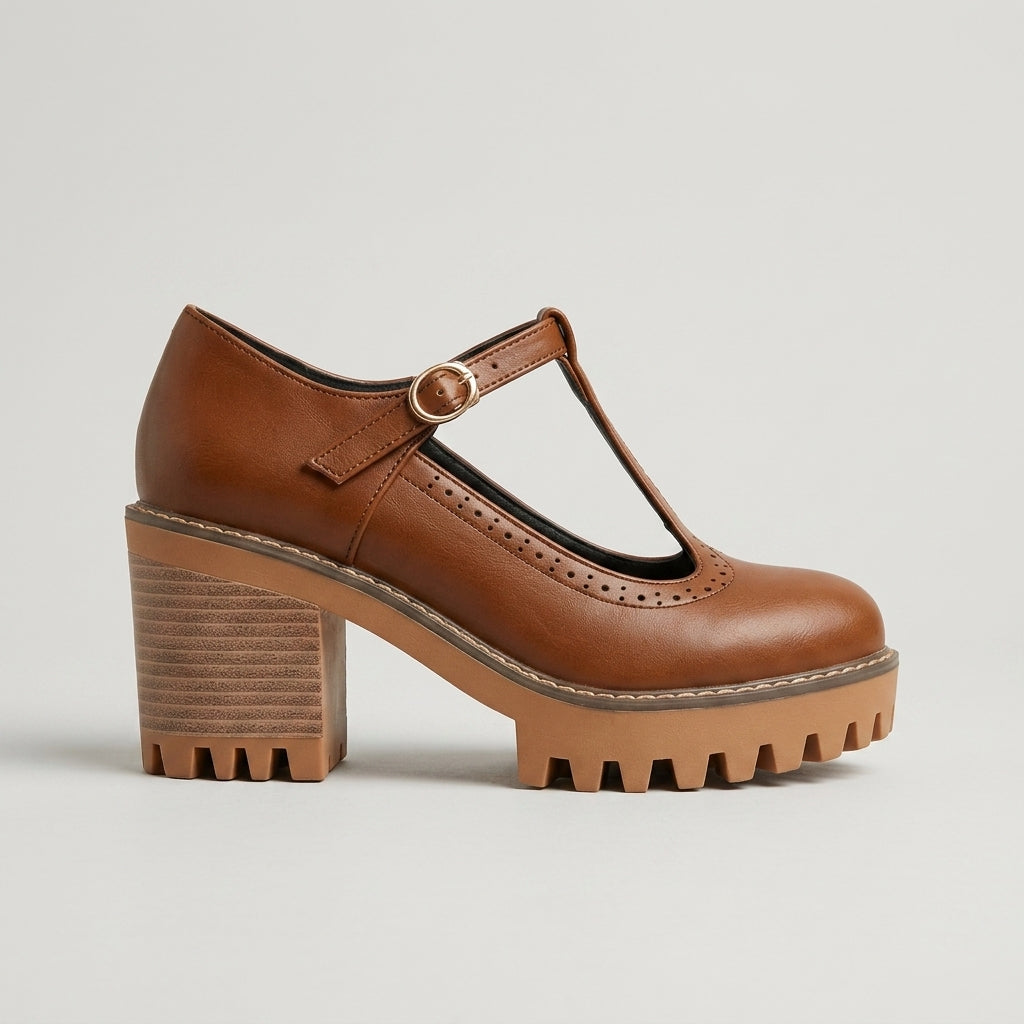 Women's Mary Jane Heels T-Strap Platform Block Heel Lug Sole