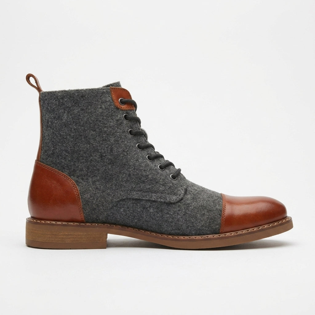 Men's Boots Lace-Up Cap Toe Ankle Wool-Blend Leather Heel Panel