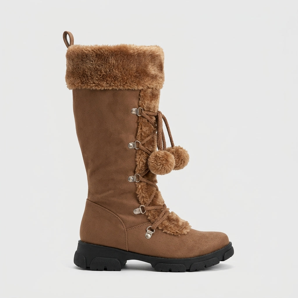 Women's Knee High Boots Lace-Up Faux Fur Cuff Pom Pom Side Zip
