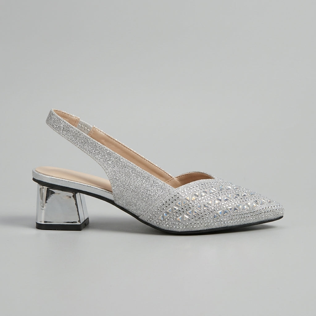 Women's Pointed Toe Slingback Pumps with Rhinestone Detail and Block Heel