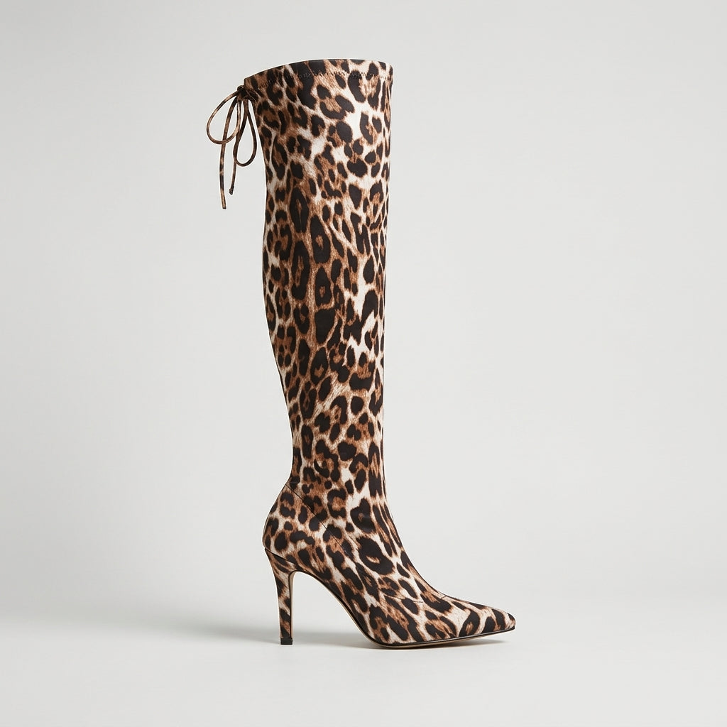 Women's Knee High Boots Pointed Toe Stiletto Heel Drawstring