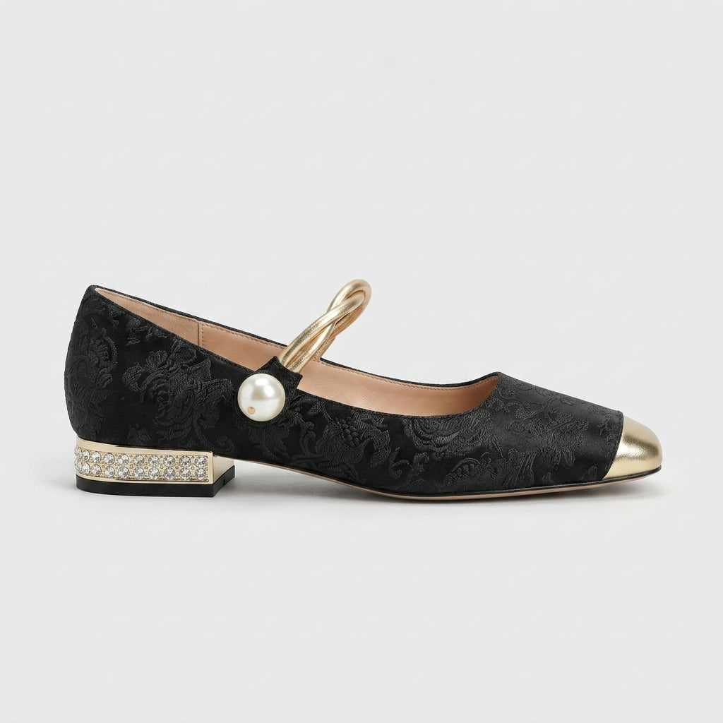 Women's Mary Jane Jacquard Block Heel Shoes - Rhinestone Heel Detail