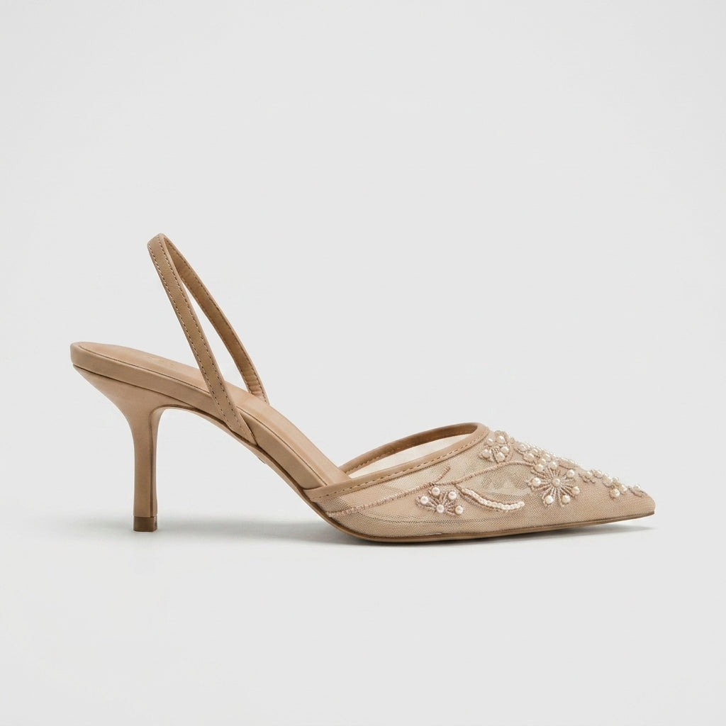 Women's Kitten Heels Embroidered Mesh Pointed Toe Slingback