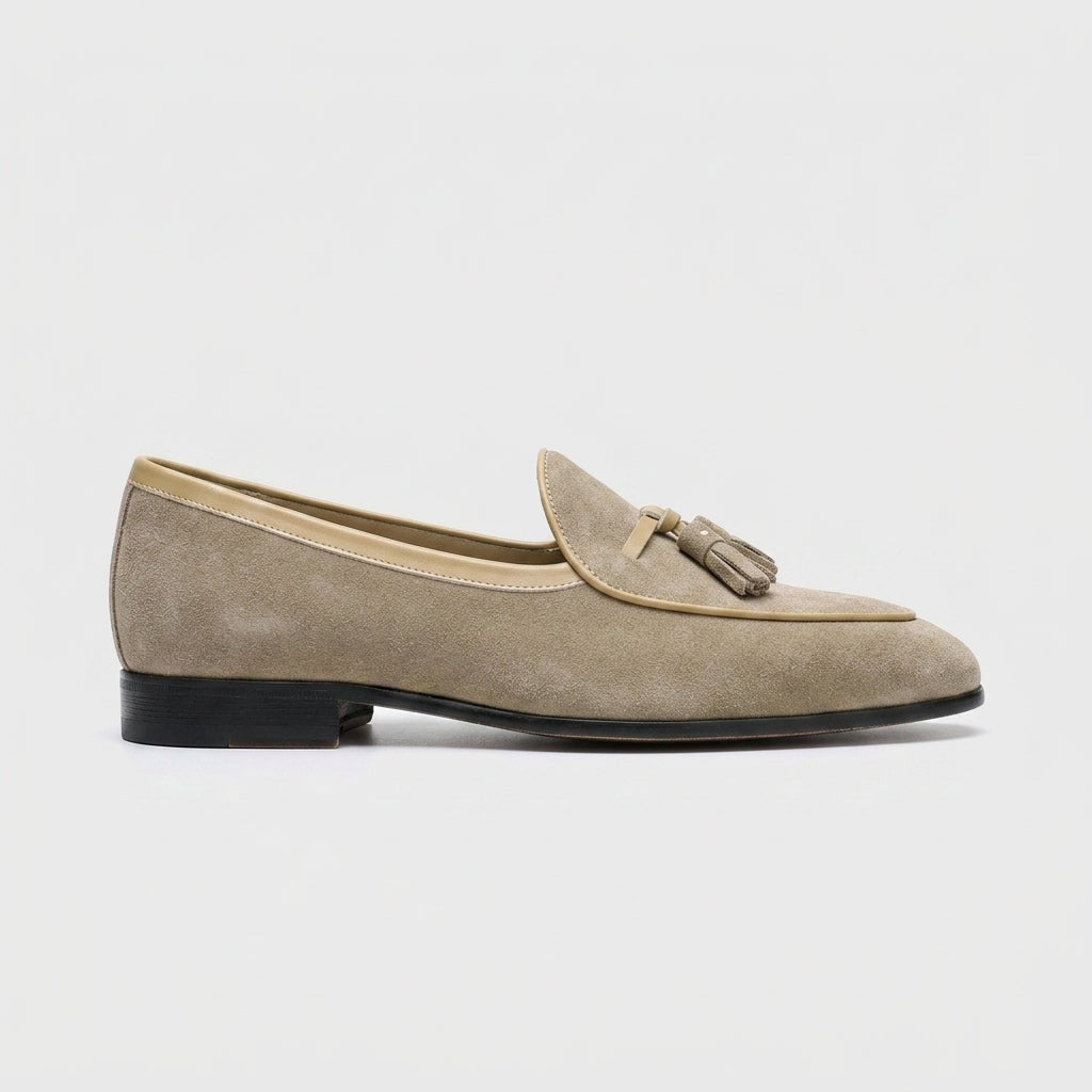 Men's Genuine Leather Tassel Loafers Slip-On Low Heel Rounded Toe