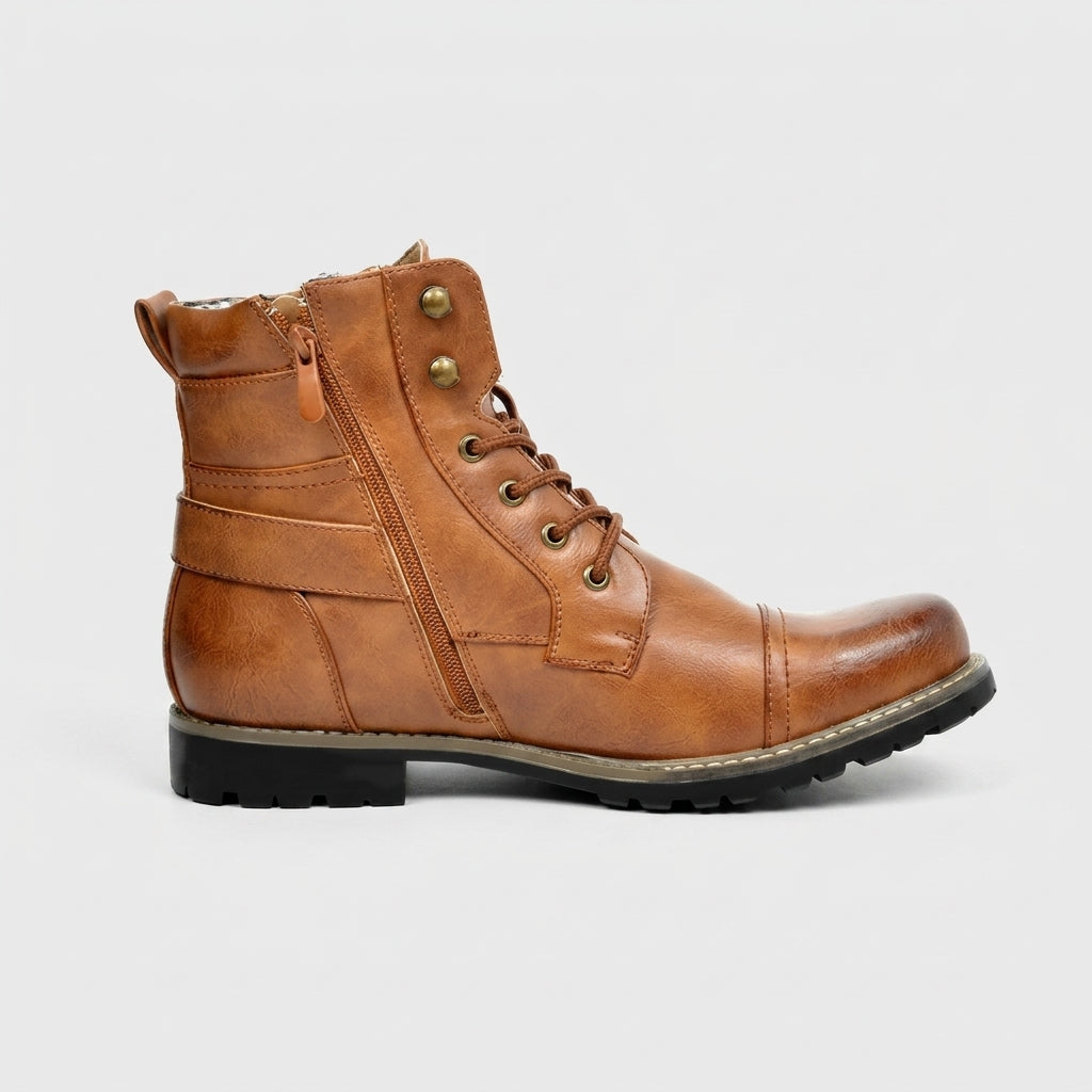 Men's Ankle Boots - Cap Toe - Lace-Up - Side Zip - Buckle Strap