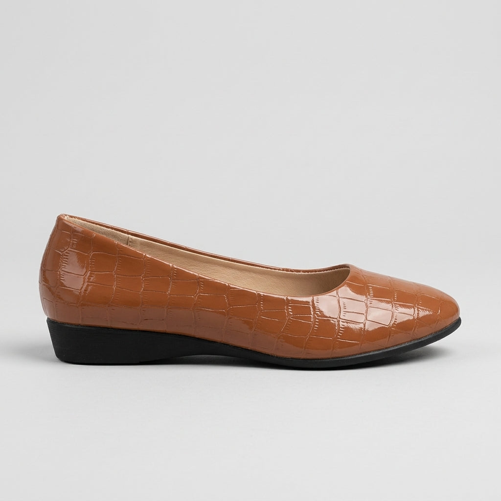 Women's Flats Round Toe Low Wedge Croc-Embossed Slip-On
