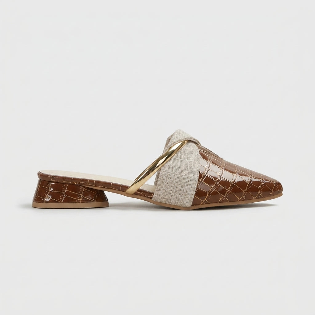 Women's Pointed Toe Mules with Metal Accent Strap and Low Heel