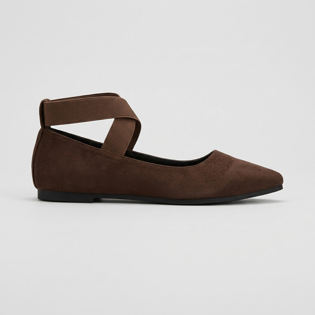 Women's Flats - Pointed Toe - Cross Ankle Strap - Elastic Closure