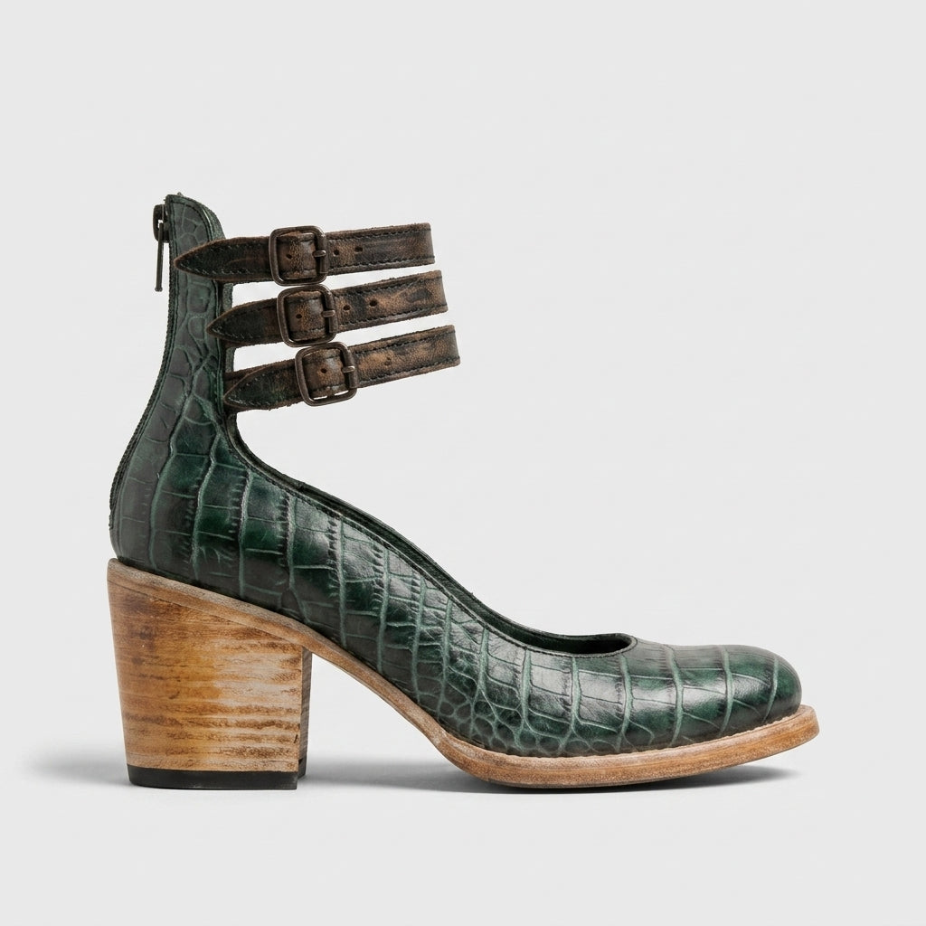 Women's Heels Round Toe Block Heel Buckled Ankle Straps Cut-Out