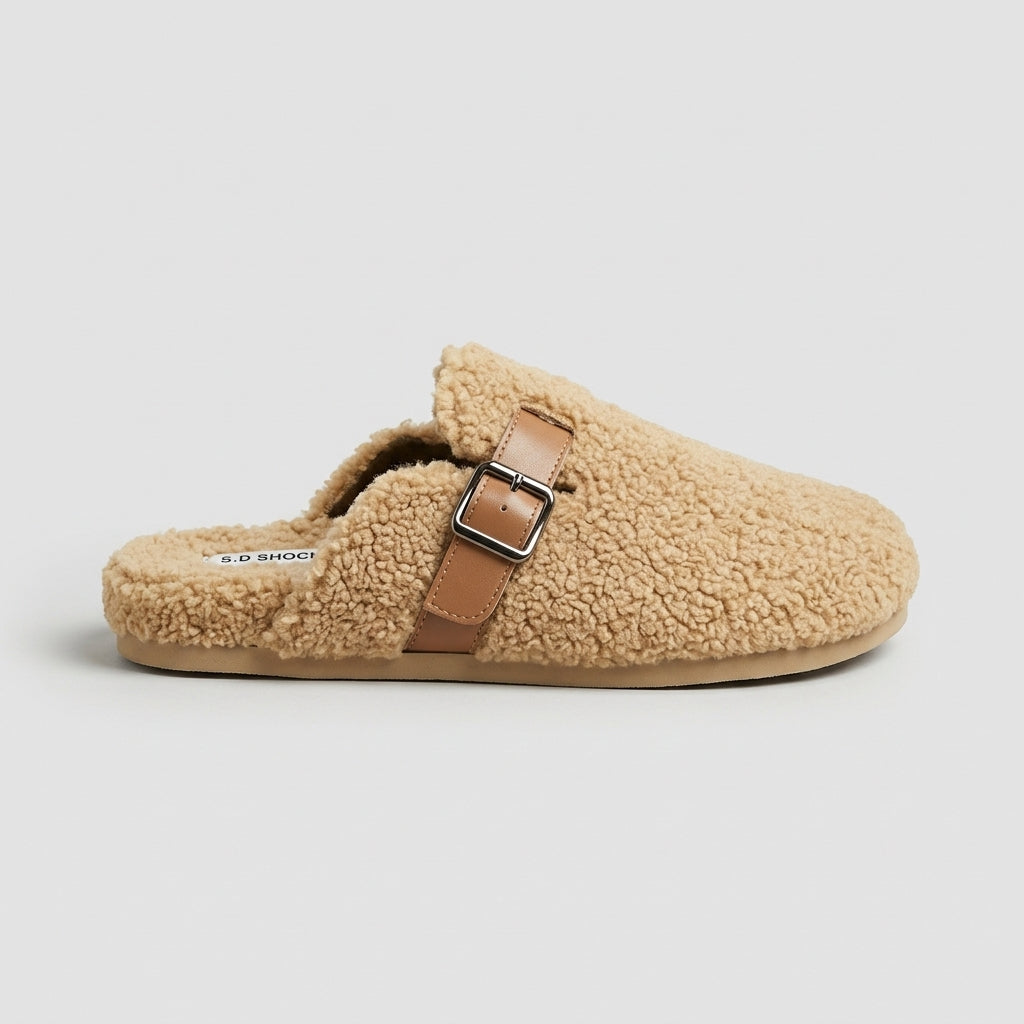 Women's Slippers - Closed Toe - Fleece Upper - Buckle Strap - Cork Sole