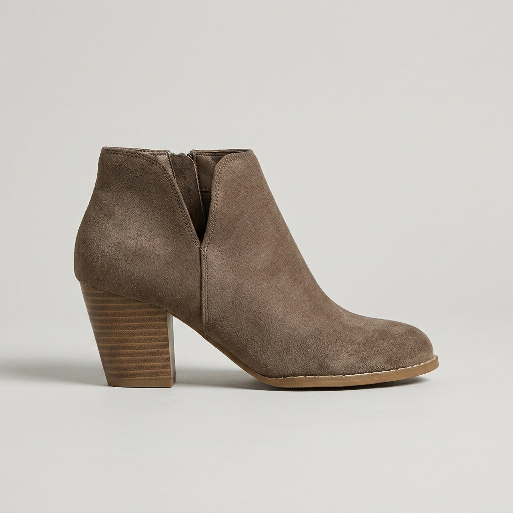 Women's Ankle Boots Block Heels Side V-Cut Almond Toe Zipper