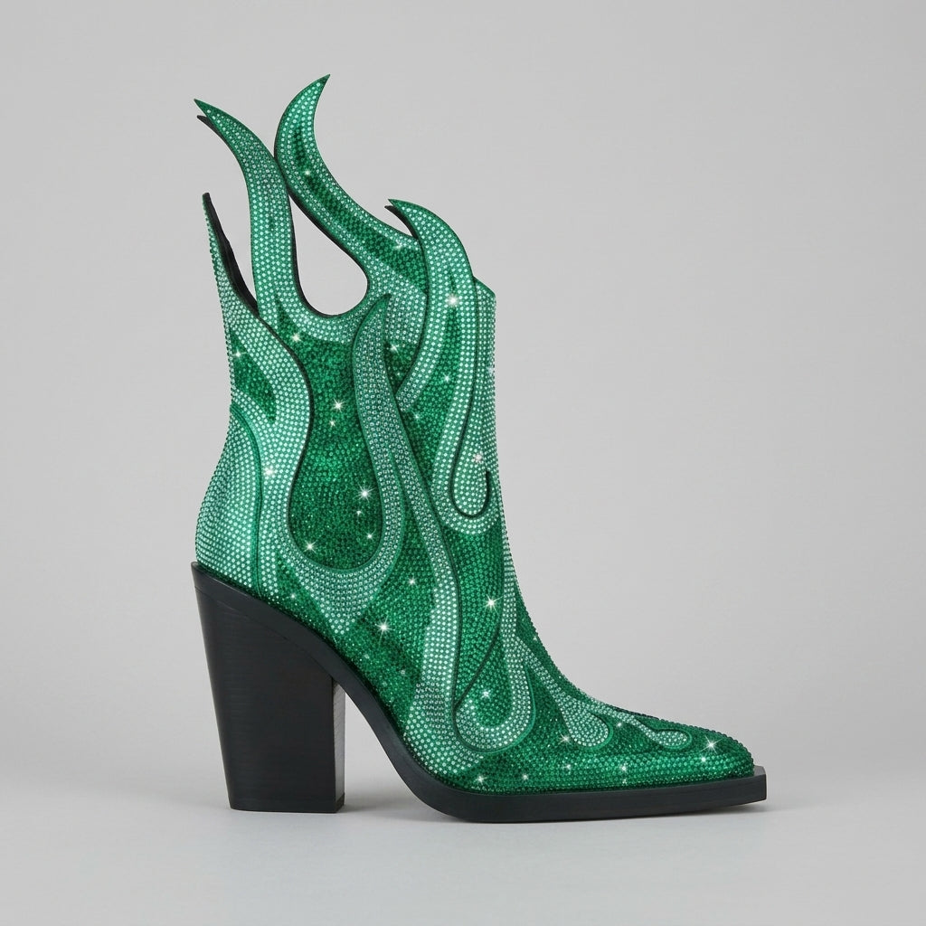 Women's Ankle Boots - Pointed Toe - Block Heel - Rhinestone - Zipper