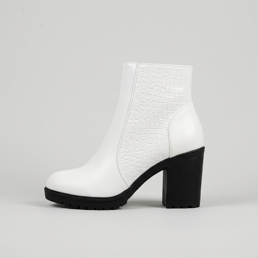 Women's Ankle Boots Block Heel Croc-Embossed Side Panel Zip