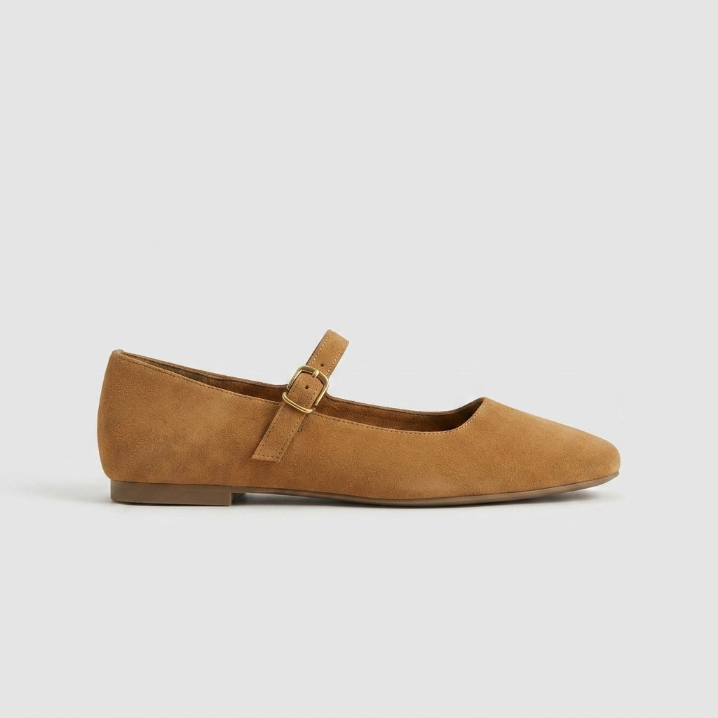 Women's Mary Jane Ballet Flats – Suede Round Toe with Single Strap and Gold-Tone Buckle
