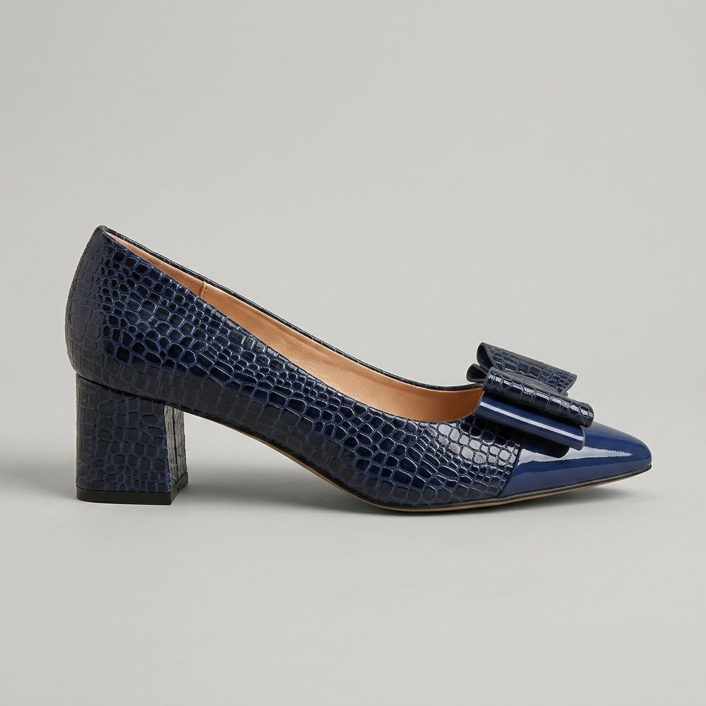 Women's Block Heels - Pointed Toe - Bow Detail - Croc-Embossed