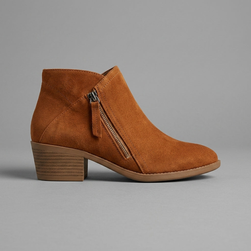 Women's Ankle Boots Low Block Heel Side Zipper Round Toe