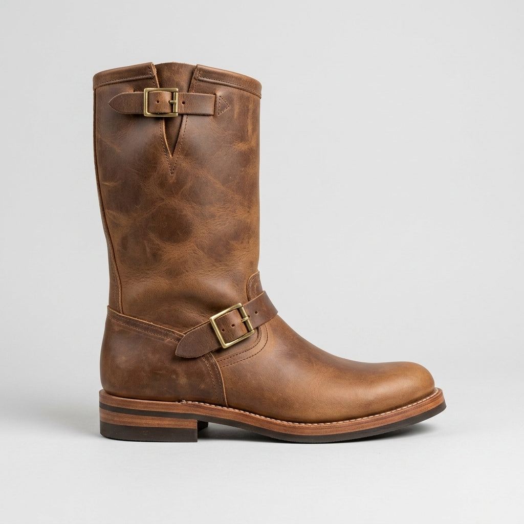 Men's Boots Mid-Calf Double Buckle Leather Low Heel Round Toe