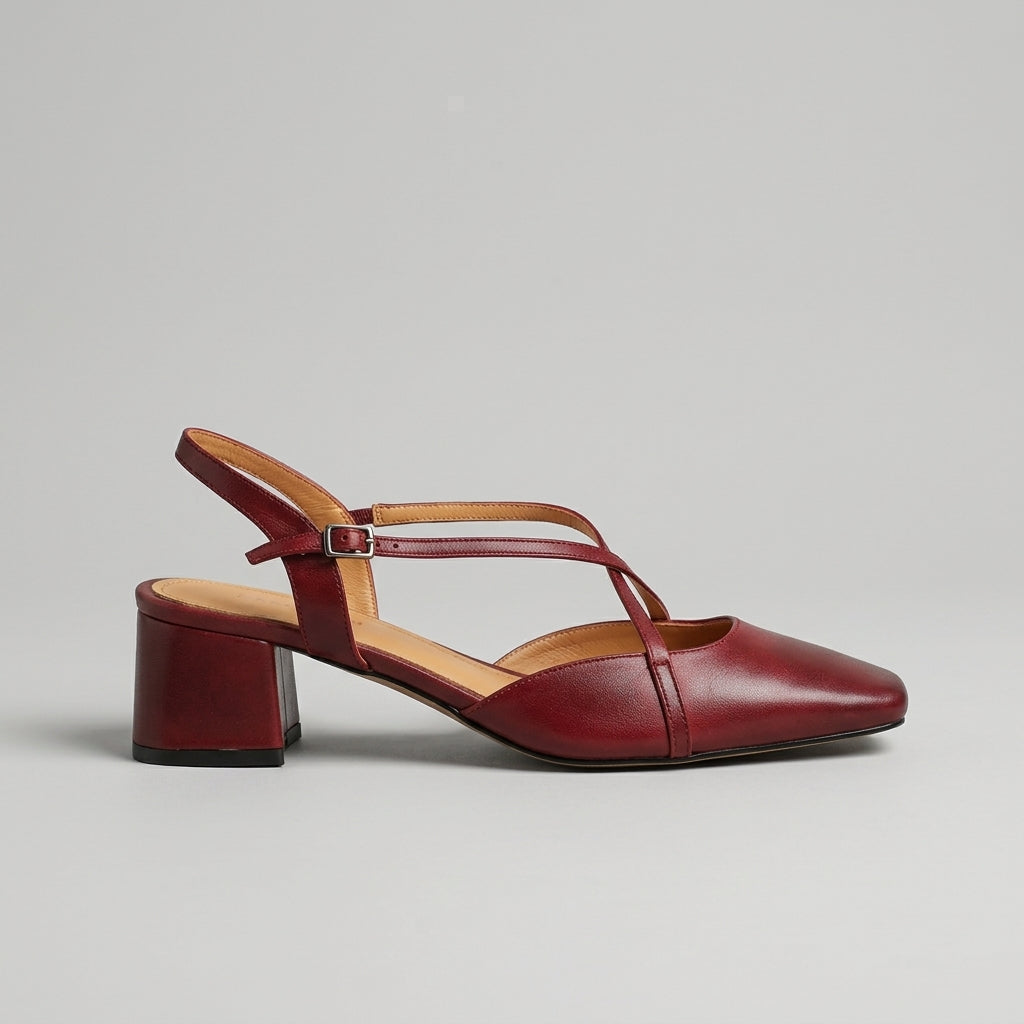 Women's Heels Square Toe Slingback Cross Strap Block Heel Leather