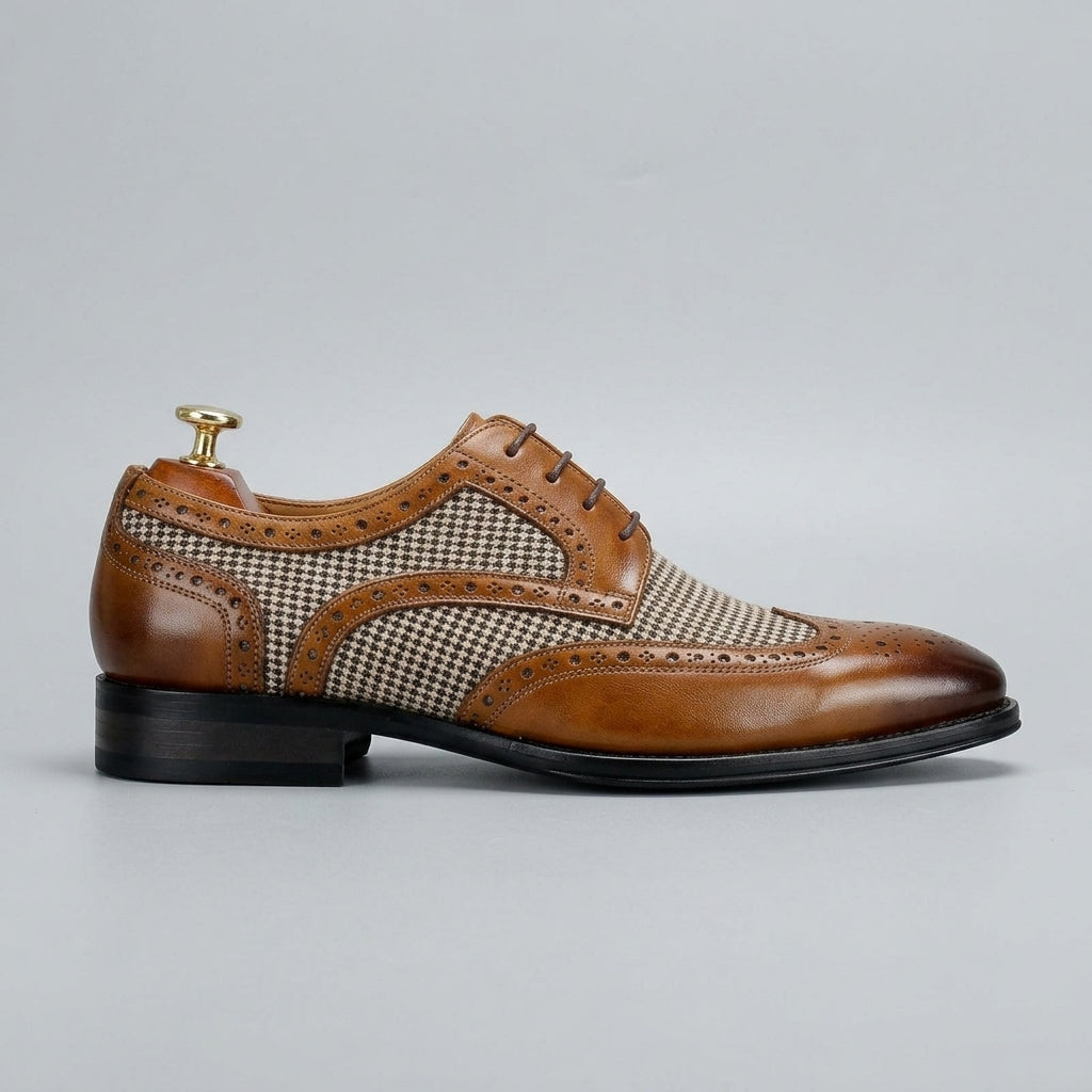 Men's Oxford Shoes Wingtip Brogue Houndstooth Panel Lace-Up