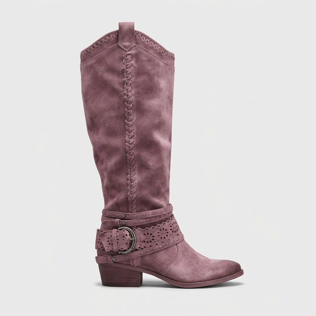 Women's Boho Knee High Boots Western Buckle Strap Block Heel