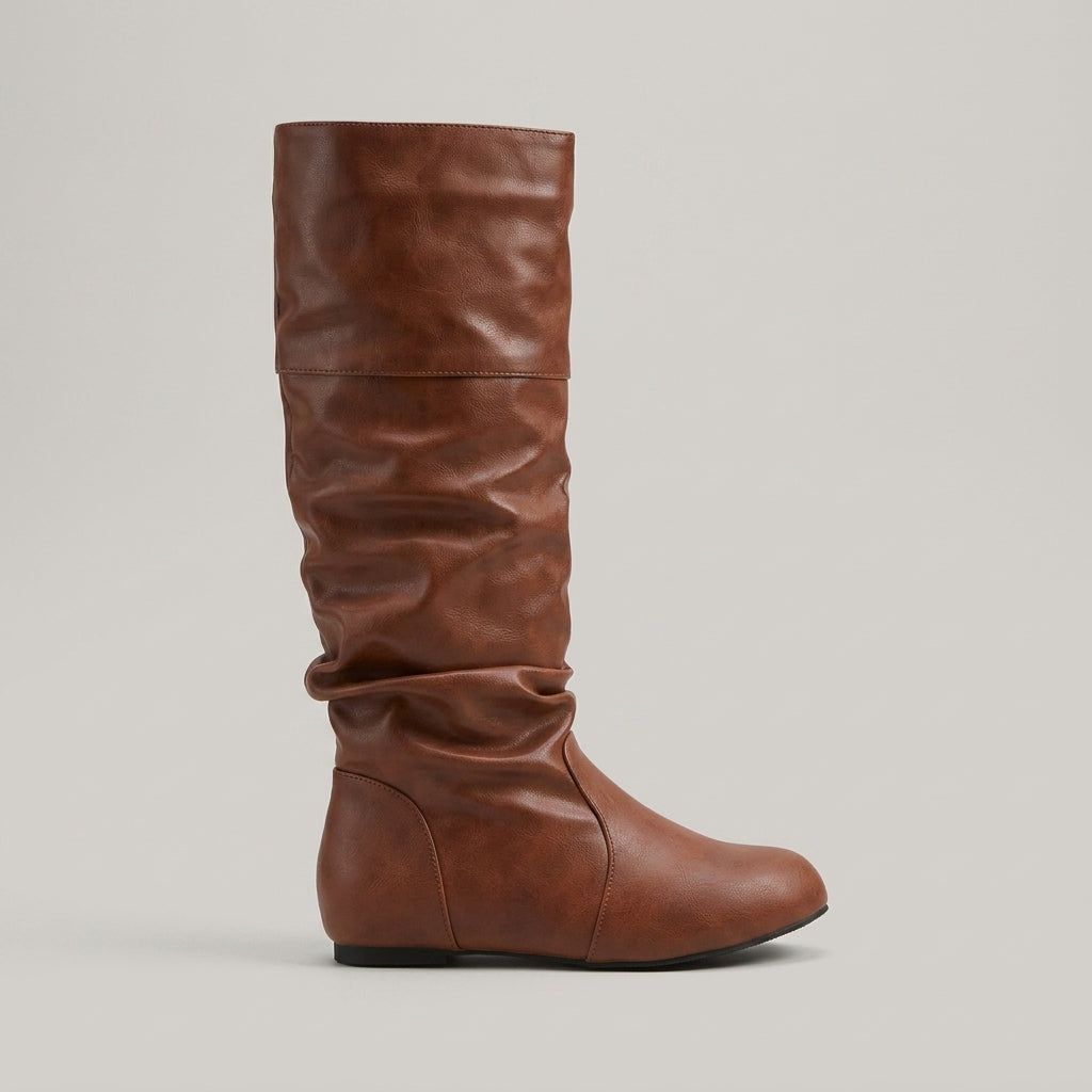 Women's Knee High Boots - Slouchy Shaft - Flat Sole - Round Toe