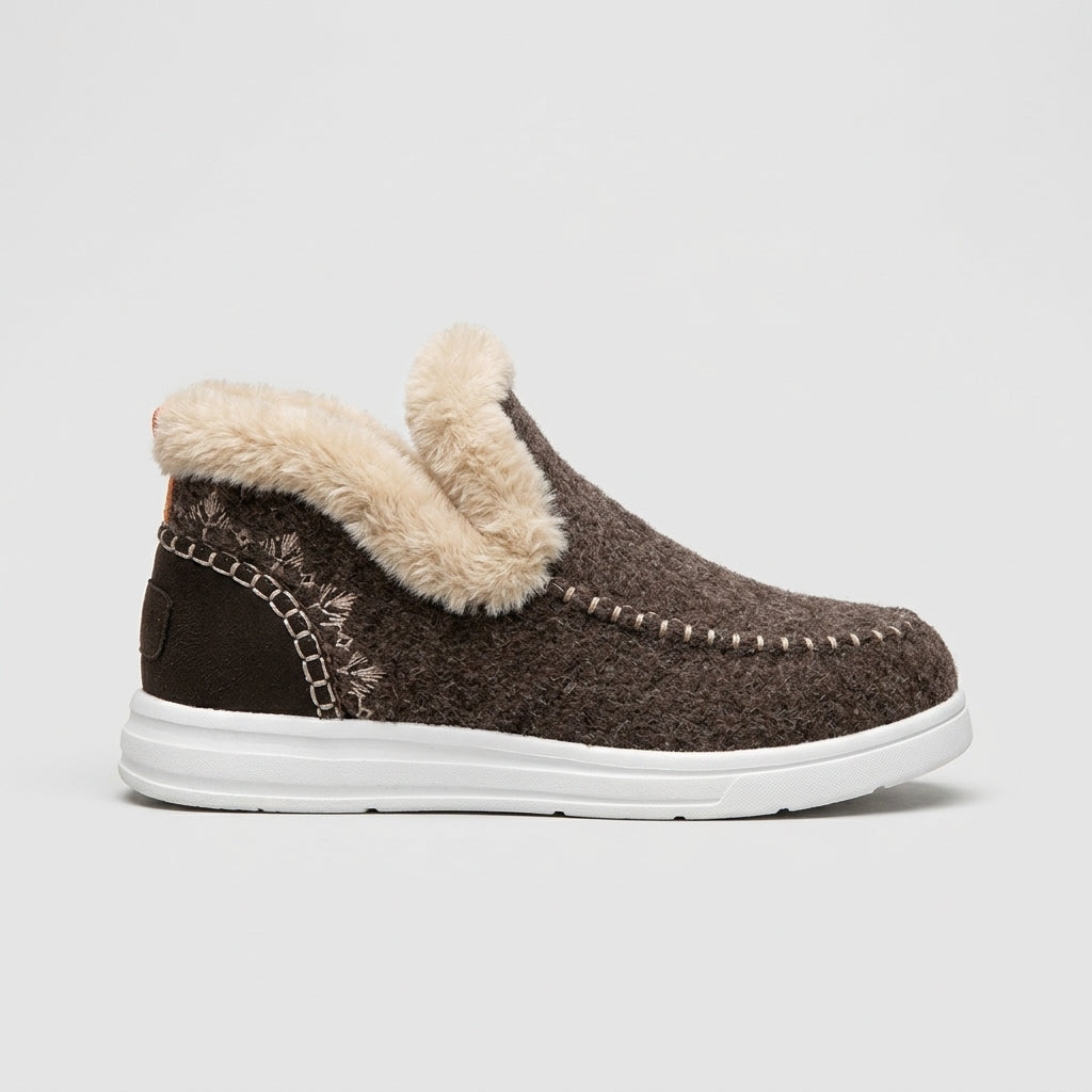 Women's Fur-Trim Ankle Boots with Moc-Toe Stitching and Flat Sole