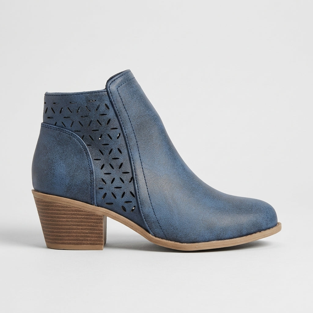 Women's Ankle Boots Block Heel Laser-Cut Side Zip