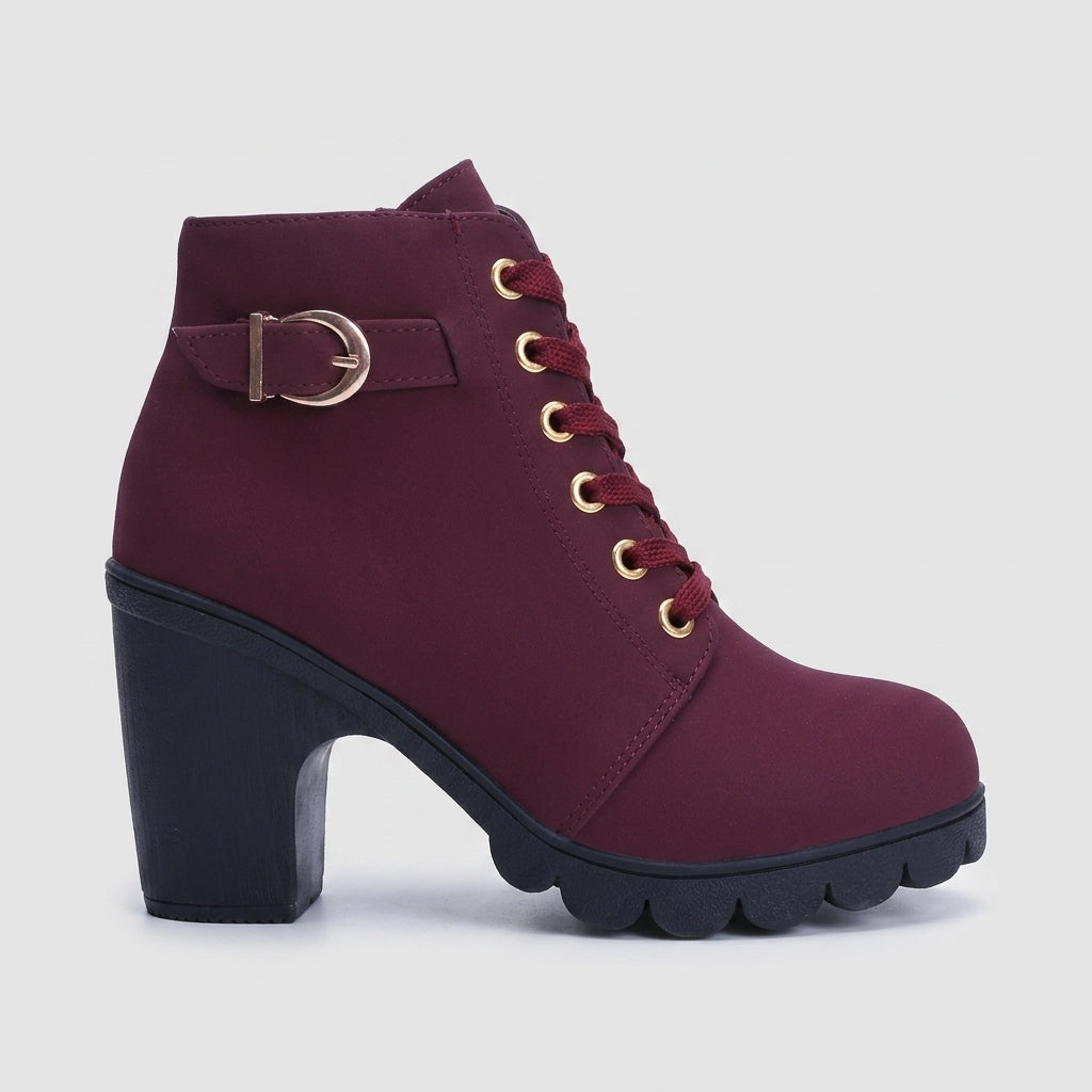 Women's Lace-Up Ankle Boots with Buckle Strap and Platform Sole