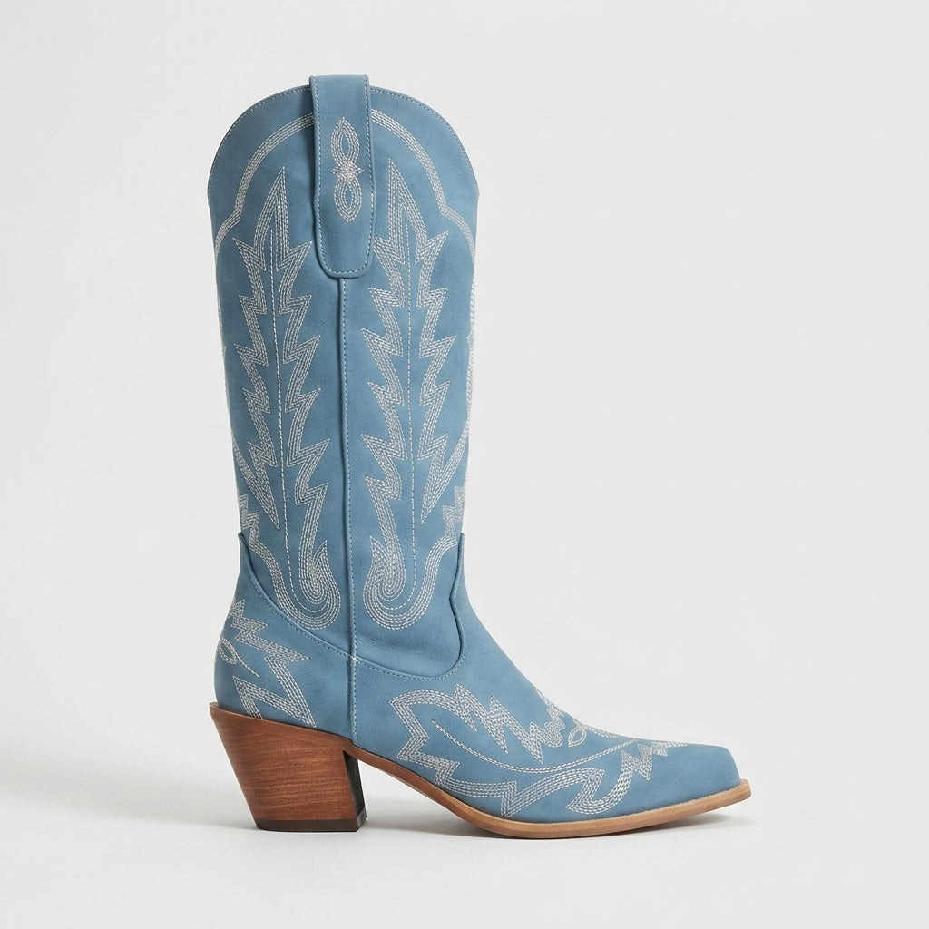 Women's Western Knee-High Boots Embroidery Pointed Toe Stacked Heel