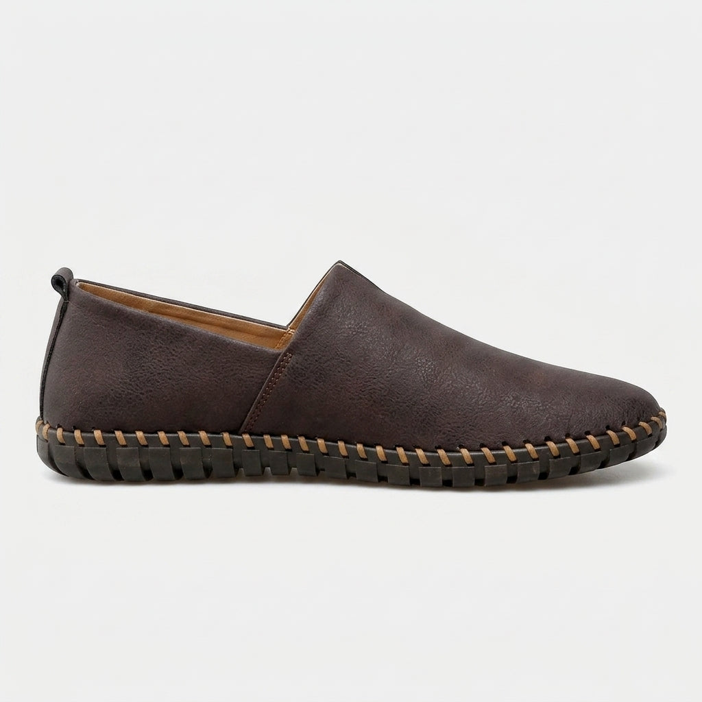 Men's Slip-On Loafers - Leather - Hand-Stitched Sole - Pull Tab