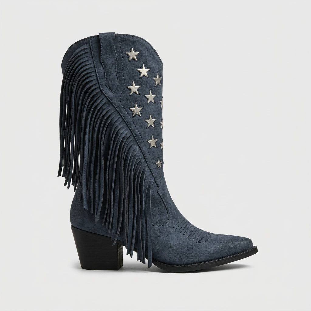 Women's Knee High Boots Western Pointed Toe Fringe Block Heel