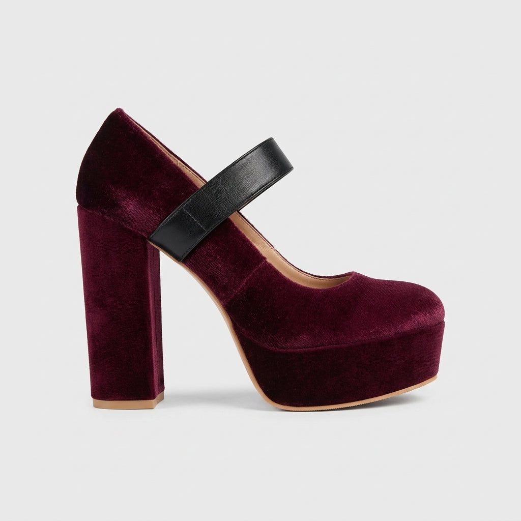 Women's Mary Jane Heels Platform Block Heel Round Toe Velvet