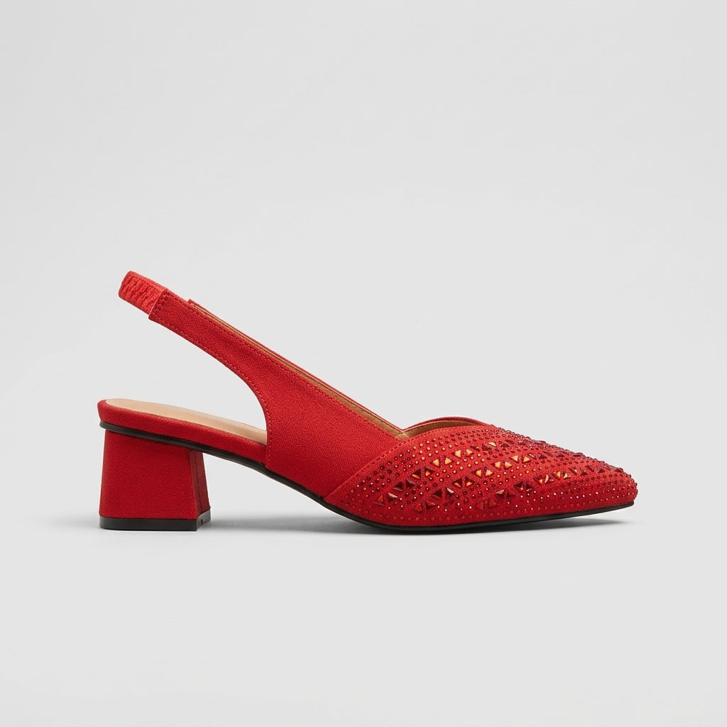 Women's Pointed Toe Slingback Pumps with Rhinestone Detail and Block Heel