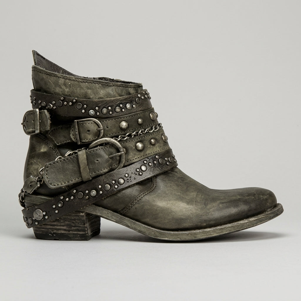 Women's Ankle Boots Studded Leather Straps Chain Detail