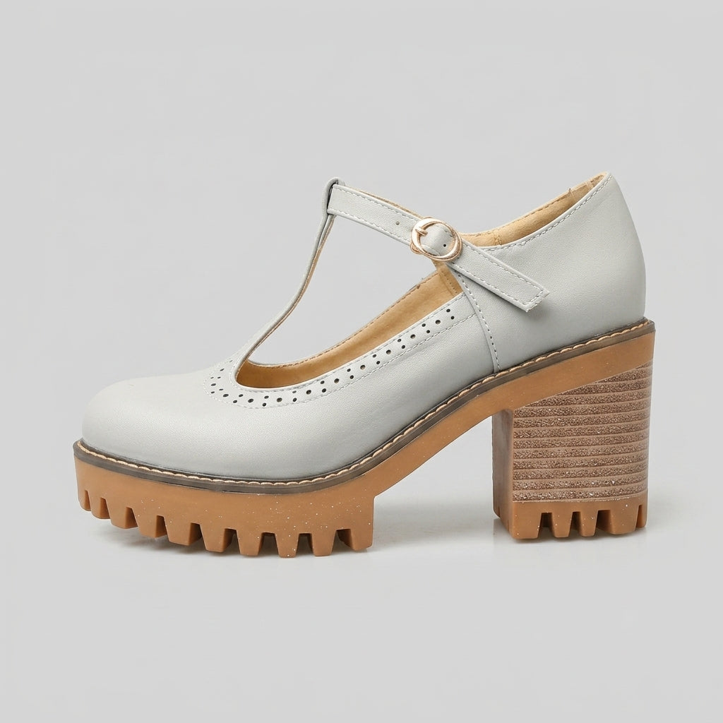 Women's Mary Jane Heels T-Strap Platform Block Heel Lug Sole