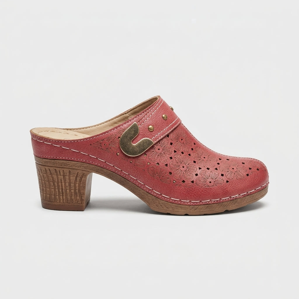 Vintage Floral Cutout Block Heel Mules Studded Clogs