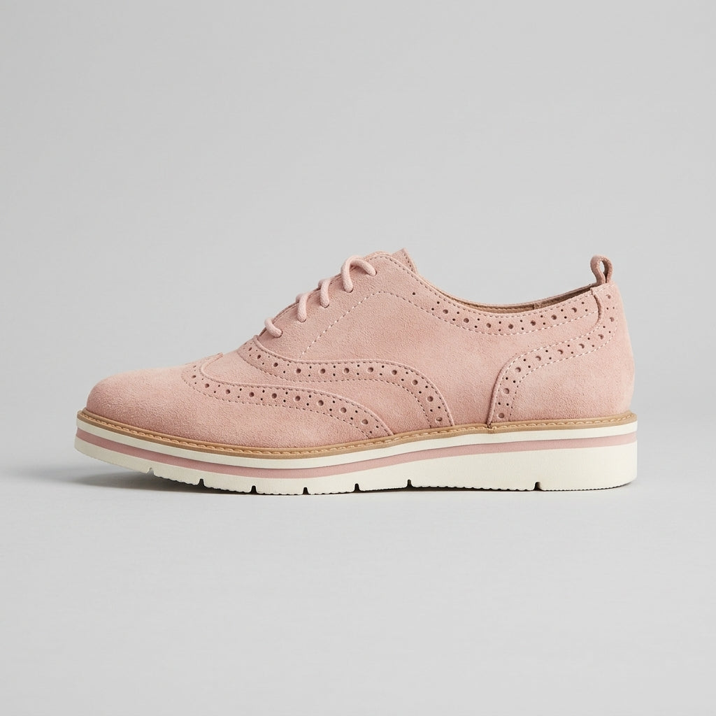 Women's Oxford Flats - Round Toe - Lace-Up - Brogue Perforations