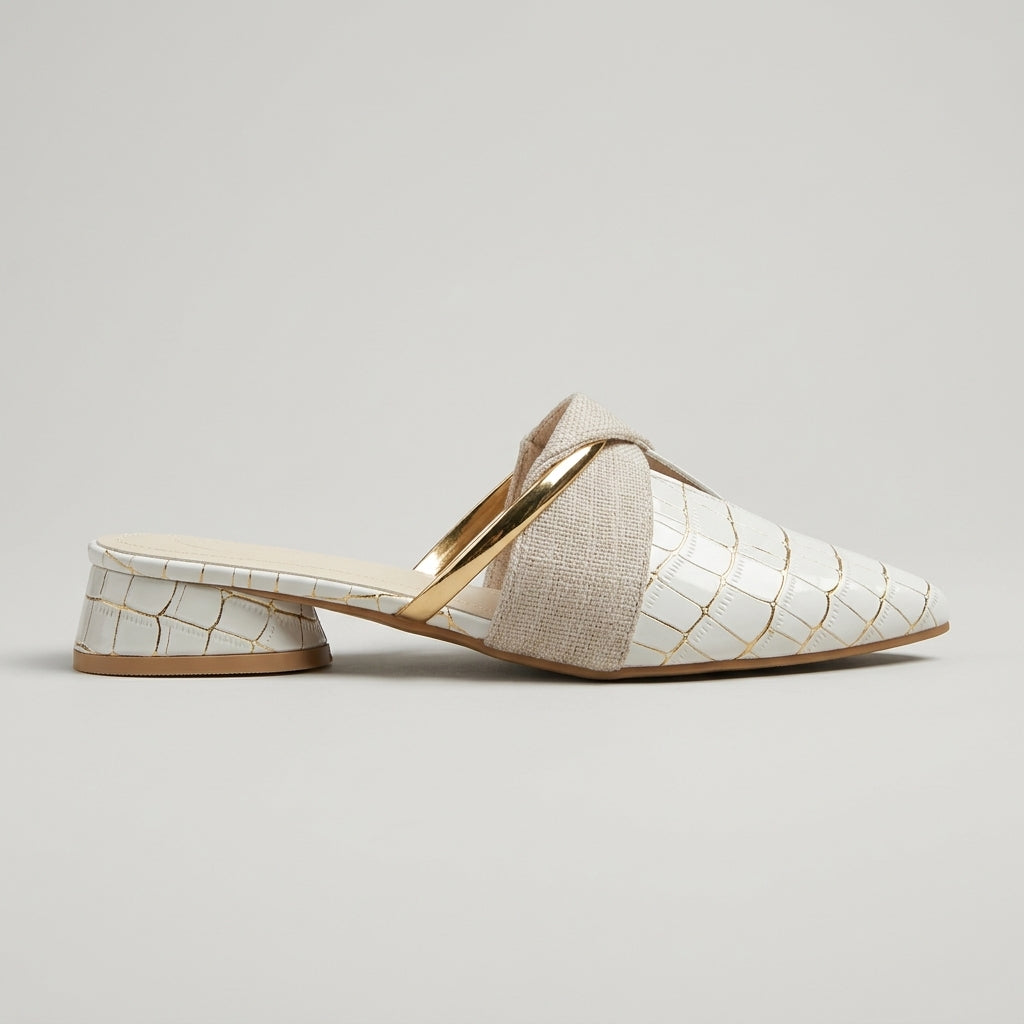 Women's Pointed Toe Mules with Metal Accent Strap and Low Heel