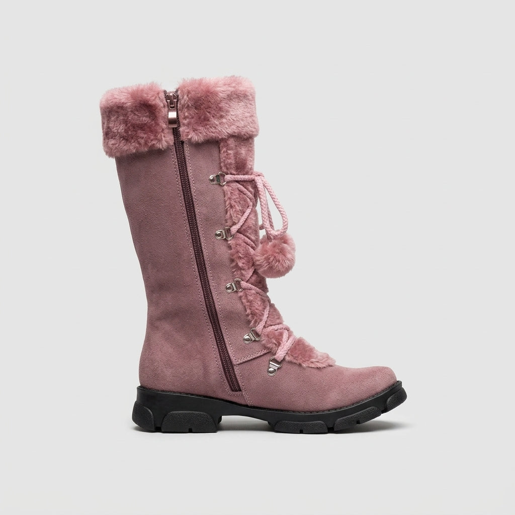 Women's Knee High Boots Lace-Up Faux Fur Cuff Pom Pom Side Zip