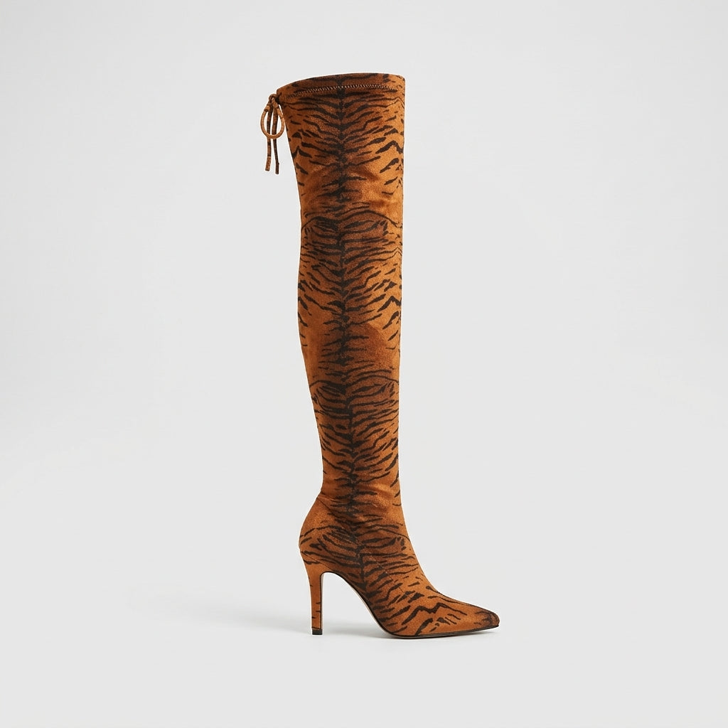 Women's Knee High Boots Pointed Toe Stiletto Heel Drawstring